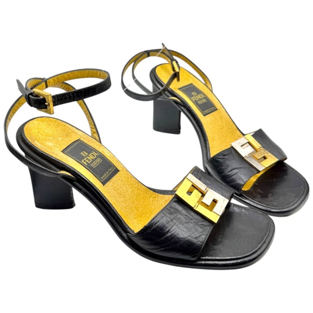 Fendi FF Logo Black Leather Ankle Strap Heels Sandals IT 36 Gold Silver Hardware - Picture 2 of 11